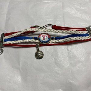 TEXAS RANGERS BRACELET * Red White Blue MULTI-STRAND * pewter BASEBALL & LOVE